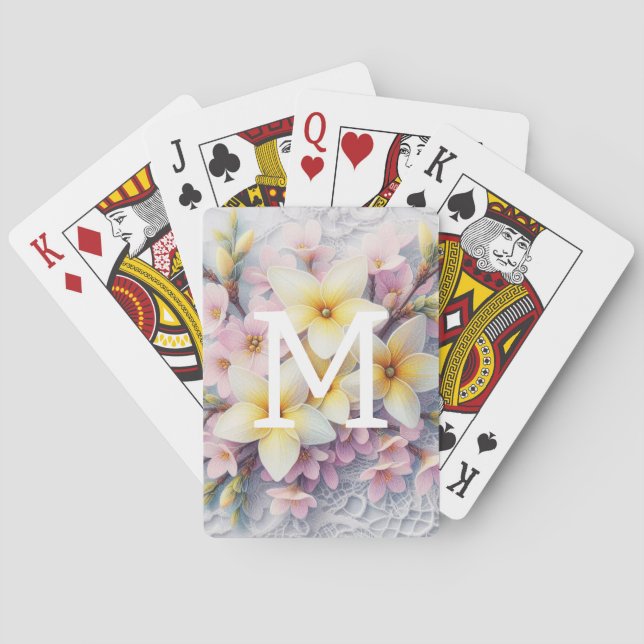 Monogram spets rosa och gula vårblommor  casinokort (Baksidan)