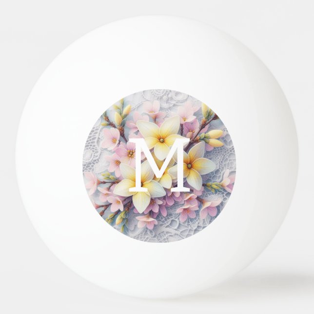 Monogram spets rosa och gula vårblommor  pingisboll (Framsidan)