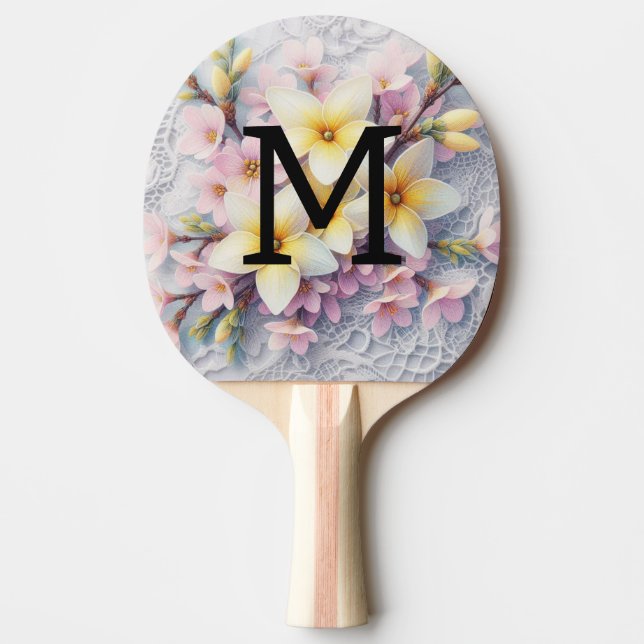 Monogram spets rosa och gula vårblommor  pingisracket (Framsidan)