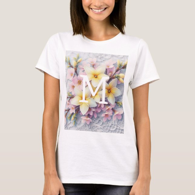 Monogram spets rosa och gula vårblommor  t shirt (Framsida)