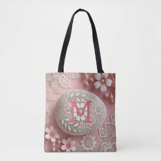 Monogram spets rosa vit blomster påskägg tygkasse