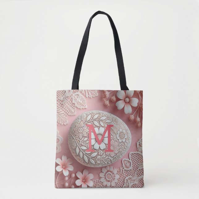 Monogram spets rosa vit blomster påskägg  tygkasse (Framsida)
