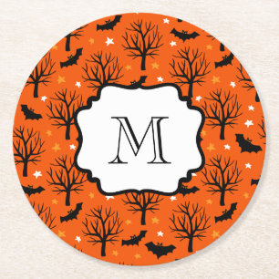 Monogram Spooky Träd och Fladdermöss Halloween Mön Underlägg Papper Rund