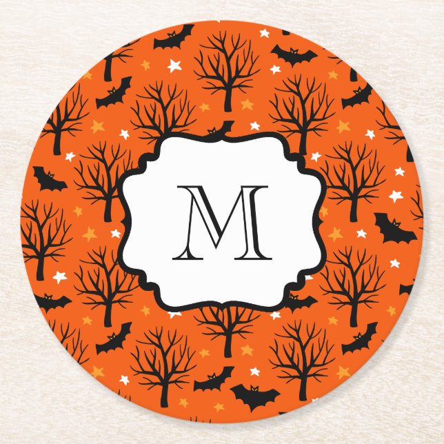 Monogram Spooky Träd och Fladdermöss Halloween Mön Underlägg Papper Rund (Framsidan)