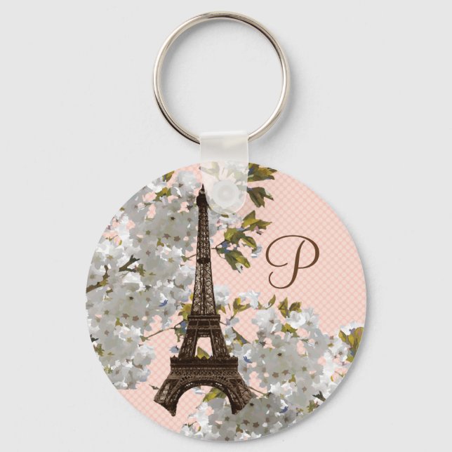 Monogram Springtim i Paris Eiffel Torn Keychain Nyckelring (Framsida)