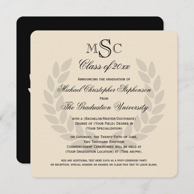 Monogram Square Classic Black College Graduation Inbjudningar (Fram/baksida)