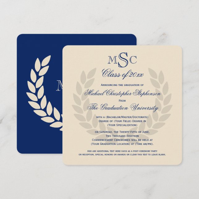 Monogram Square Classic Blue College Graduation in Inbjudningar (Fram/baksida)