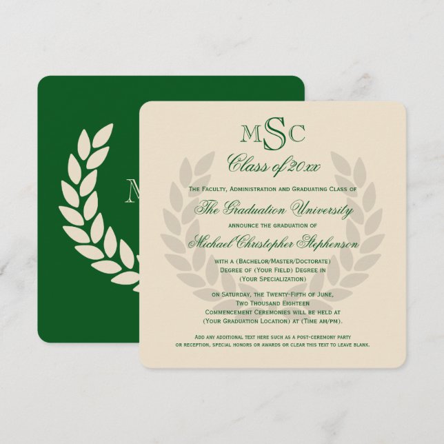 Monogram Square Classic Green College Graduation Inbjudningar (Fram/baksida)