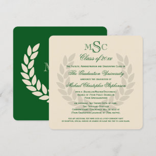 Monogram Square Classic Green College Graduation Inbjudningar