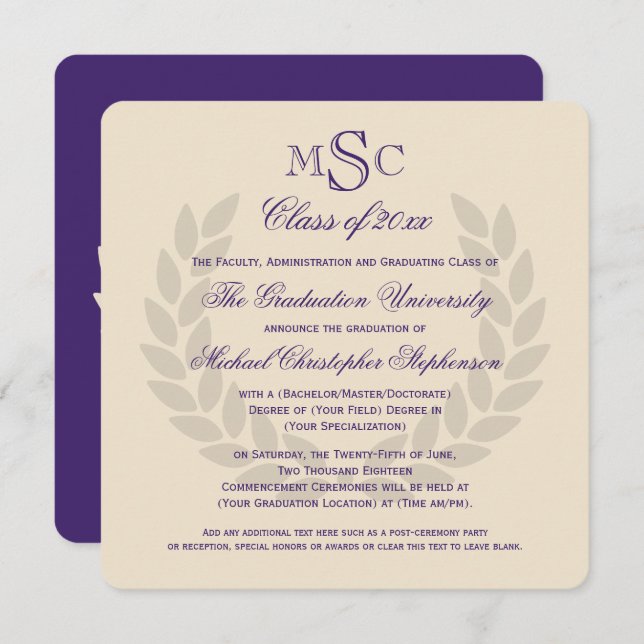 Monogram Square Classic Lila College Graduation Inbjudningar (Fram/baksida)