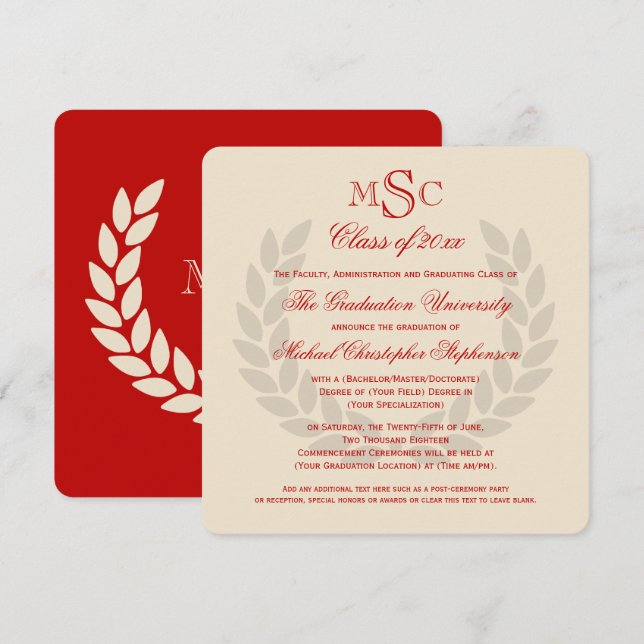 Monogram Square Classic Red College Graduation Inbjudningar (Fram/baksida)