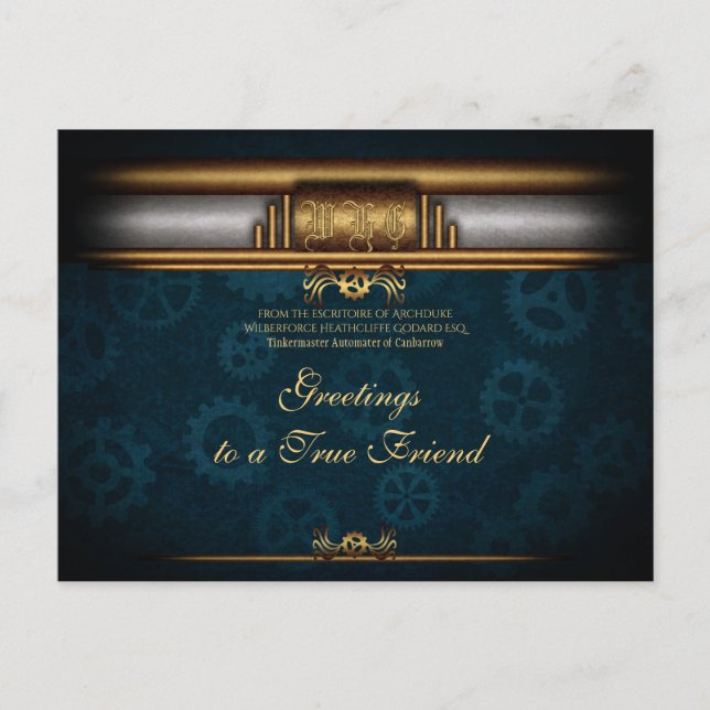 Monogram Steampunked Deco, bras och blått Vykort (Framsida)