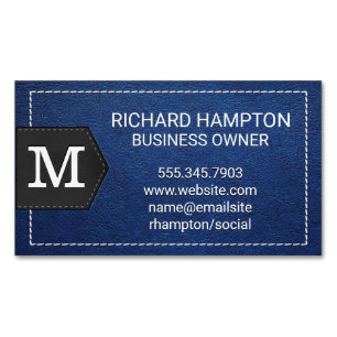 Monogram Stitched Blue Leather and Patch Magnetiska Visitkort
