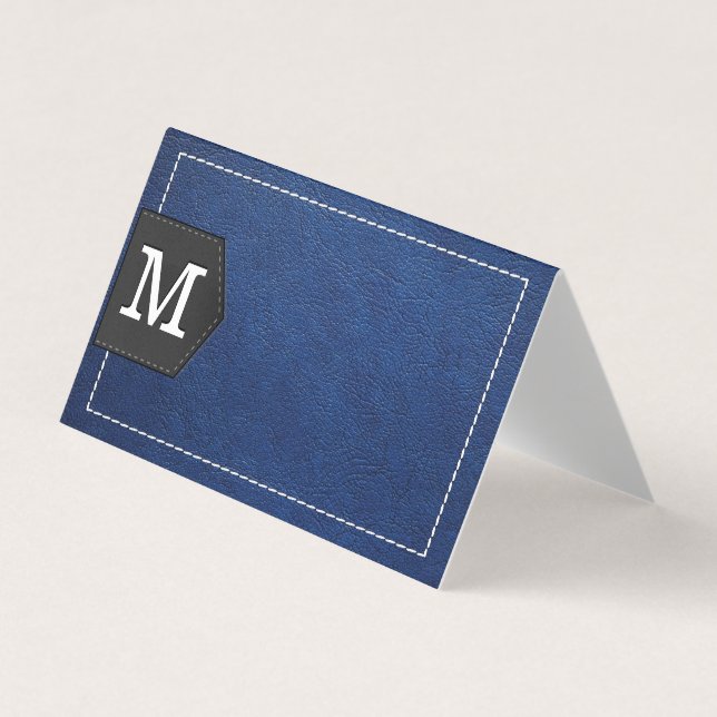 Monogram | Stitched Blue Leather and Patch Visitkort (Framsida)