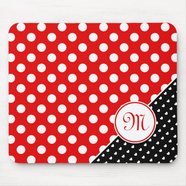 Monogram, stort Polka dots, rött, svart och vitt Musmatta (Framsidan)