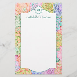 Monogram Succulents Watercolor Colorful Pastel Brevpapper