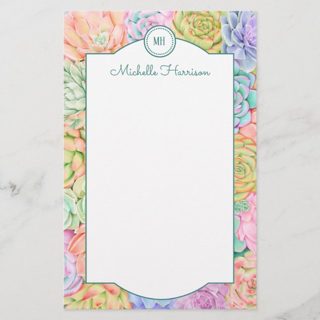 Monogram Succulents Watercolor Colorful Pastel Brevpapper (Framsida)