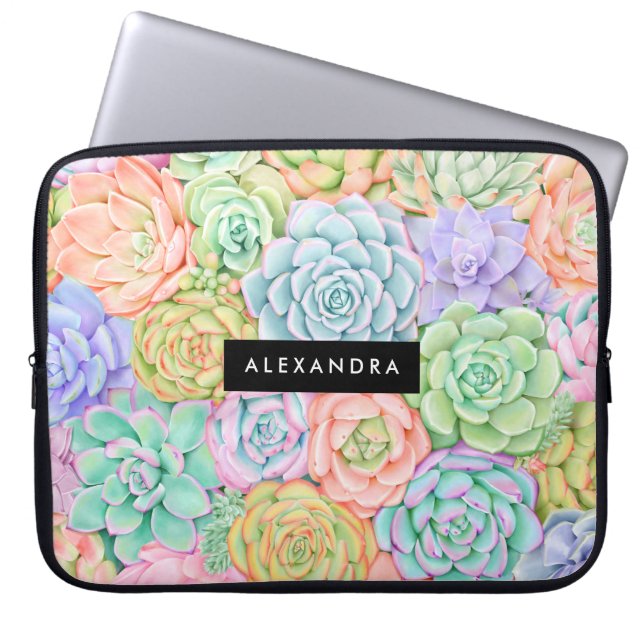 Monogram Succulents Watercolor Colorful Pastel Laptop Fodral (Framsidan)