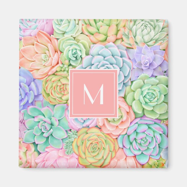Monogram Succulents Watercolor Colorful Pastel Magnet (Framsidan)