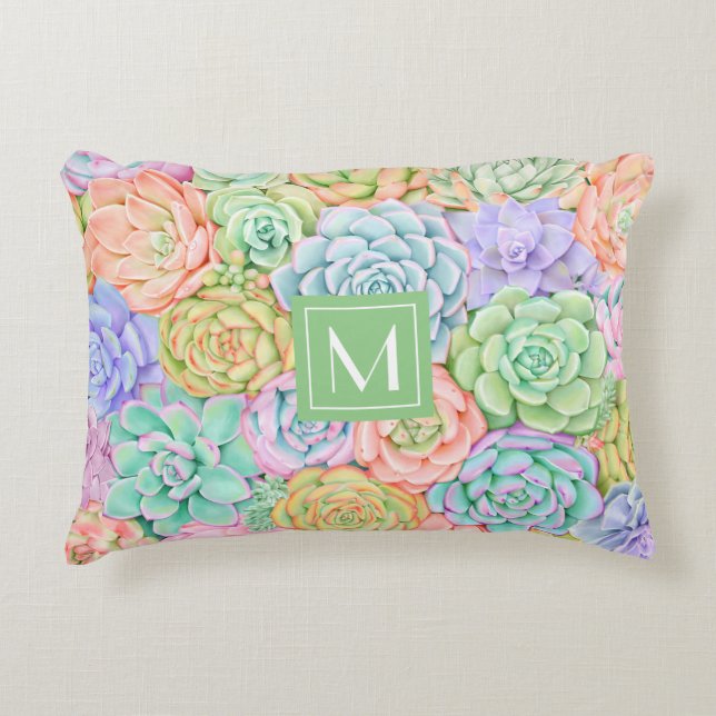 Monogram Succulents Watercolor Colorful Pastel Prydnadskudde (Framsidan)