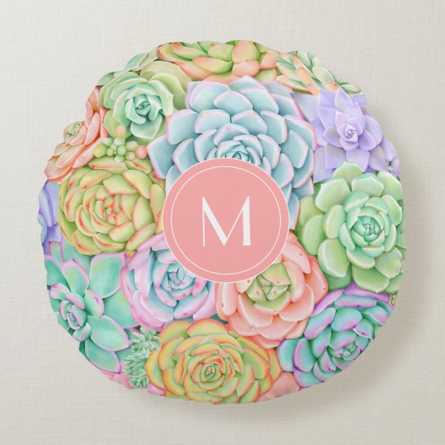 Monogram Succulents Watercolor Colorful Pastel Rund Kudde (Framsidan)