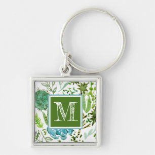 Monogram Sukulär Fält I Fyrkantig Silverfärgad Nyckelring