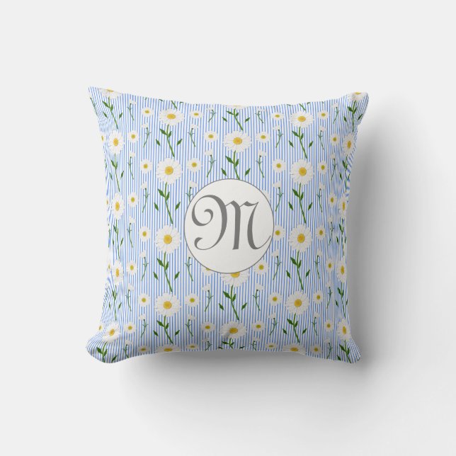 Monogram Summer Daisy Floral Pattern Blue Stripe Kudde (Framsida)