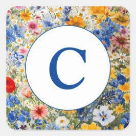 Monogram Summer Wildblommor Watercolor Fyrkantigt Klistermärke