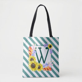 Monogram Sunblommor Teal Rand Tygkasse