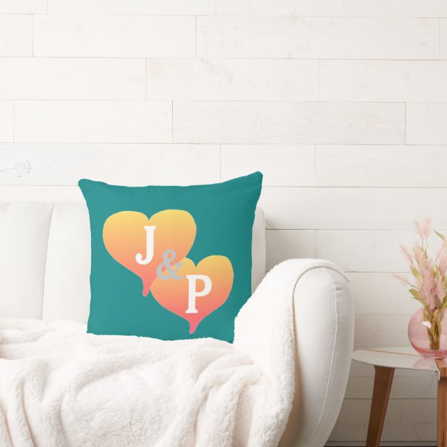 Monogram Sunset Heart Teal Grönt Reversible Pillow Kudde (Soffa)