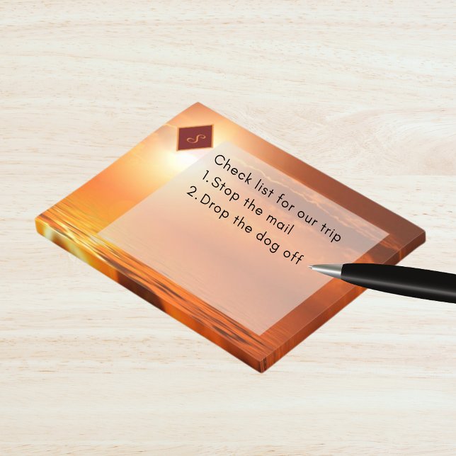 Monogram Sunset Orange Golden Himlar Sea of Guld Post-it Block (Monogram Sunset Orange Golden Sky Sea of Gold Post-it Notes)