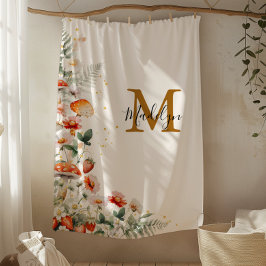 Monogram Svamp Blommor Floral botanisk Fleecefilt