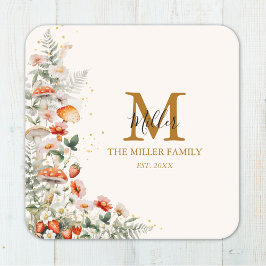 Monogram Svamp Blommor Floral botanisk Underlägg Papper Kvadrat