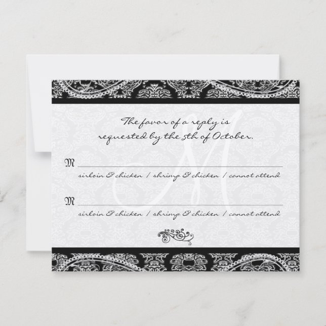 Monogram Svart Damask Bröllop Svar RSVP (Framsida)
