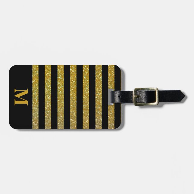 Monogram Svart / Falskt Guld Glitterrand Bagagebricka (Horisontell Framsida)