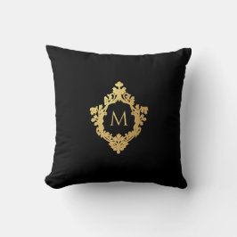 Monogram Svart Faux Guld Vapen Elegant Vintage Kudde
