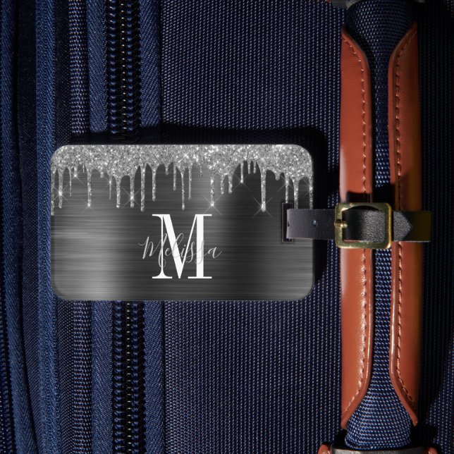 Monogram svart glitter dropp metall  bagagebricka (Framsida Insitu 4)