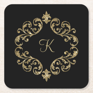 Monogram Svart Guld Glitter Damask Virvel Underlägg Papper Kvadrat