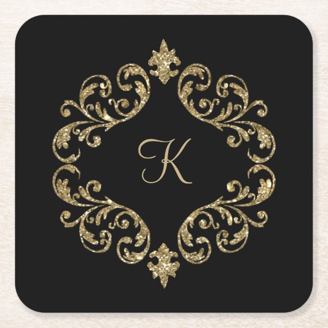 Monogram Svart Guld Glitter Damask Virvel Underlägg Papper Kvadrat (Framsidan)