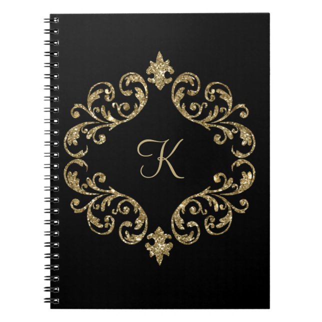 Monogram Svart Guld Glitter Journal Anteckningsbok (Framsidan)