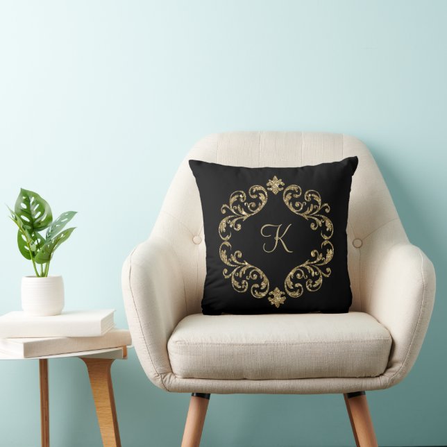 Monogram Svart Guld Glitter Trendig Chic Stilig Kudde (Stol)