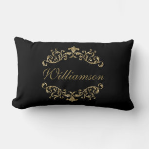 Monogram svart guld glitter utsmyckad damask invec lumbarkudde