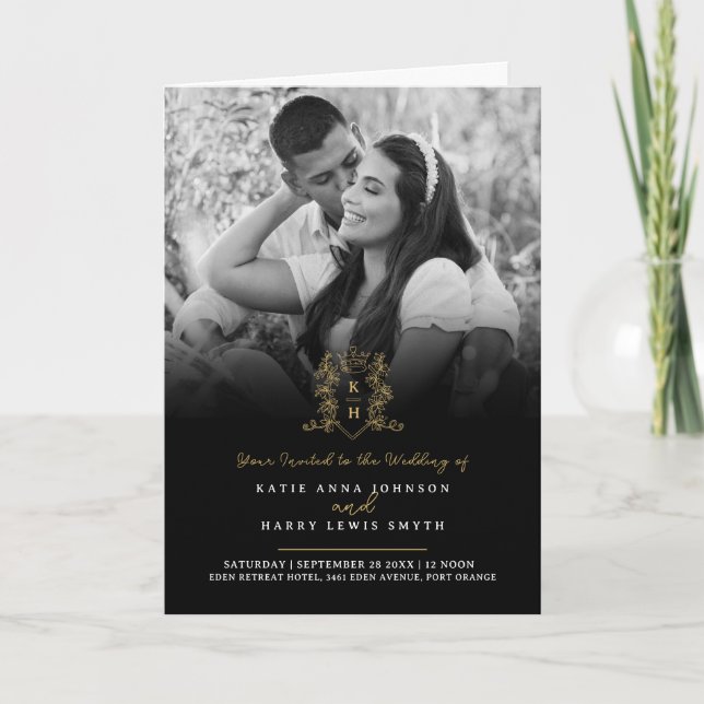 Monogram svart guld krona bröllop, tillval OSA Inbjudan (Framsida)