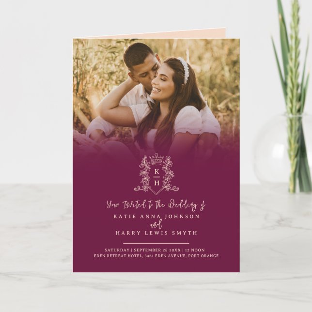 Monogram svart guld krona bröllop, tillval OSA Inbjudan (Framsida)