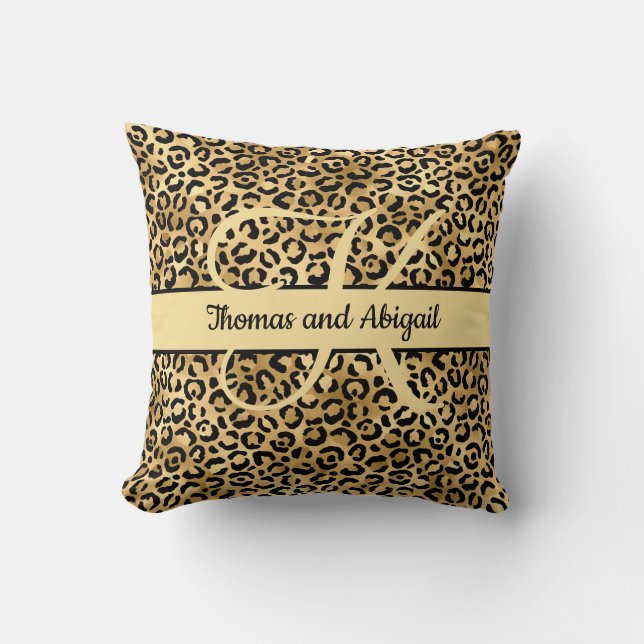 Monogram Svart Guld Leopardtryck Gepard Djur  Kudde (Framsida)