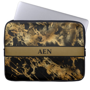 Monogram Svart Guld Marmor Agat Modern Trendig Laptop Fodral
