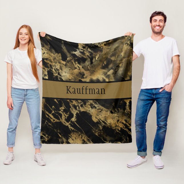Monogram Svart Guld Marmor Agat Trendig Chic Fleecefilt (På plats)