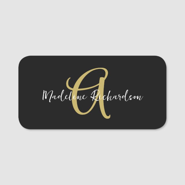 Monogram svart Guld, modern, minimalistisk feminin Namnbricka (Framsida)