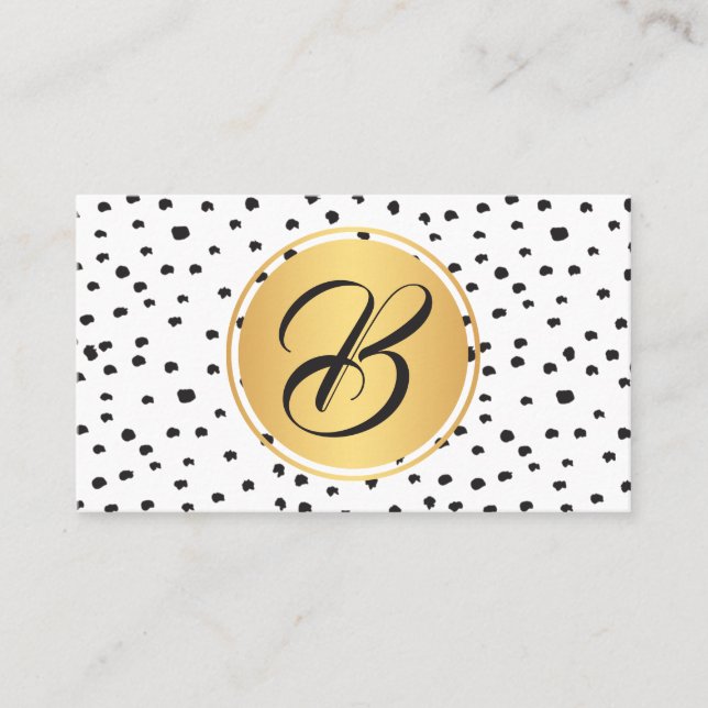 Monogram svart, guld och vitt polka dots visitkort (Framsida)