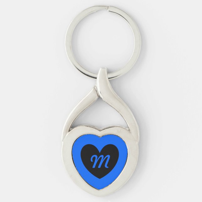 Monogram svart hjärta på blå twisted heart silverfärgad nyckelring (Framsidan)